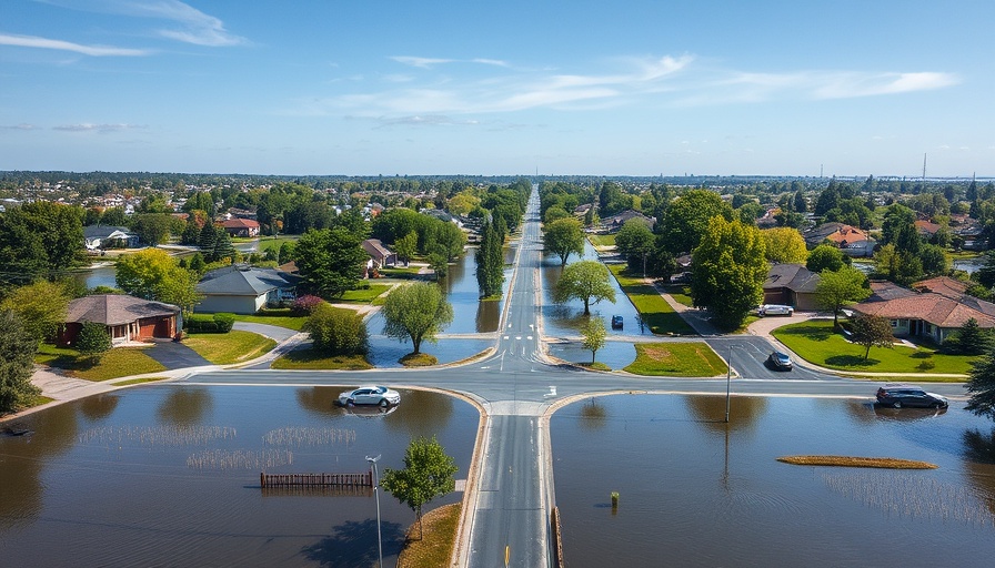 Flooded suburban neighborhood with partially submerged cars, illustrating challenges of buying a house in a flood zone.