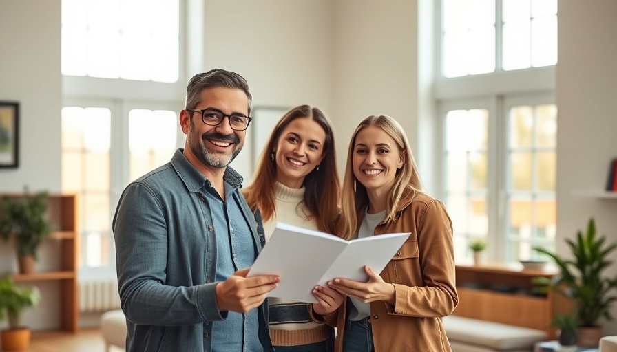 Real estate agent showing home to smiling couple, modern interior, homes for sale.
