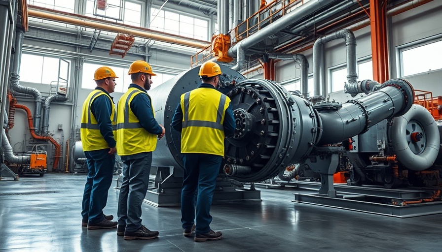 Workers inspecting machinery in a modern AI data-centre.