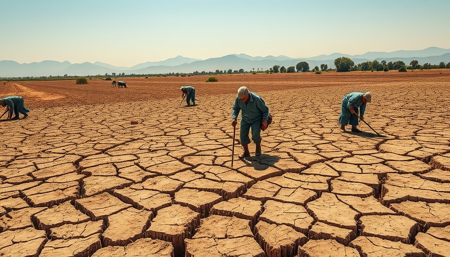 Farmers working in a parched field showcasing sustainable agriculture challenges.