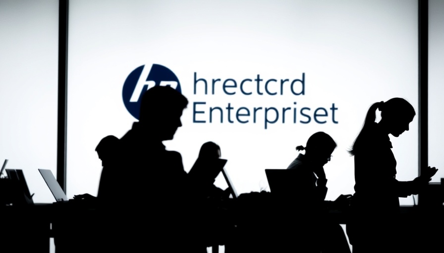 Silhouetted figures working at desks in front of Hewlett Packard Enterprise logo