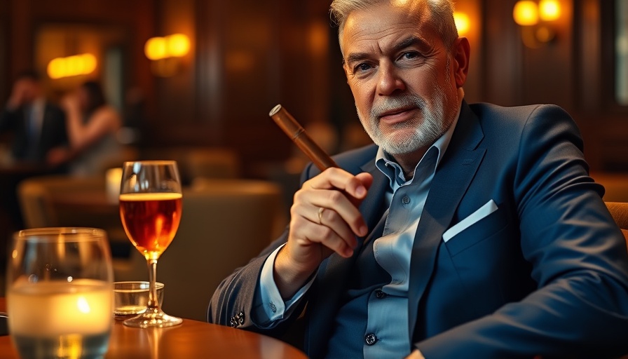 Middle-aged man holding cigar in lounge, discussing business.