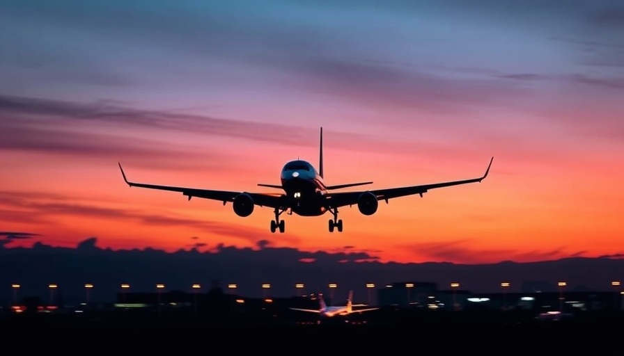 Airplane landing at dusk, airport lights on.