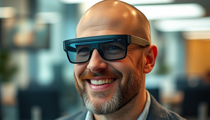 Bald man smiling in futuristic glasses, AI context.