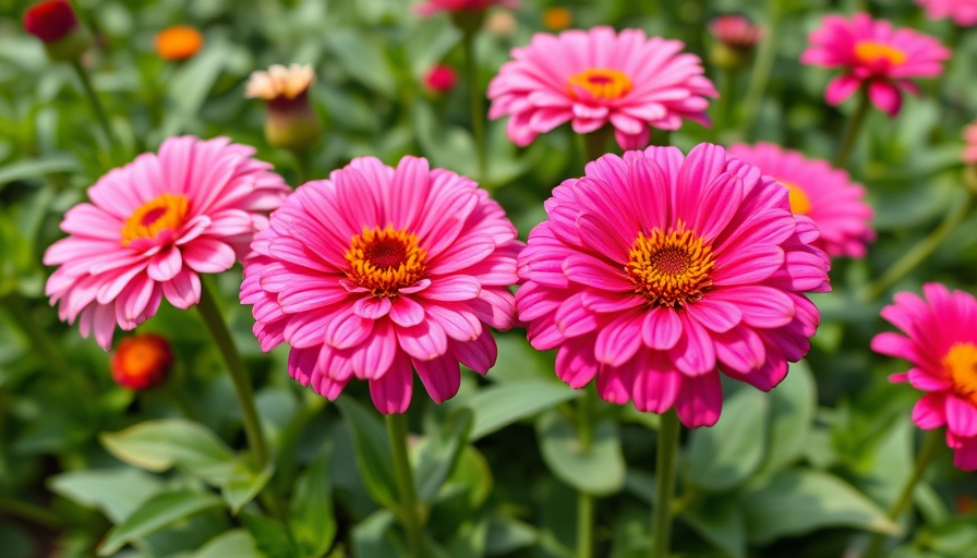 Vibrant pink zinnias in full bloom amidst green leaves in a garden.