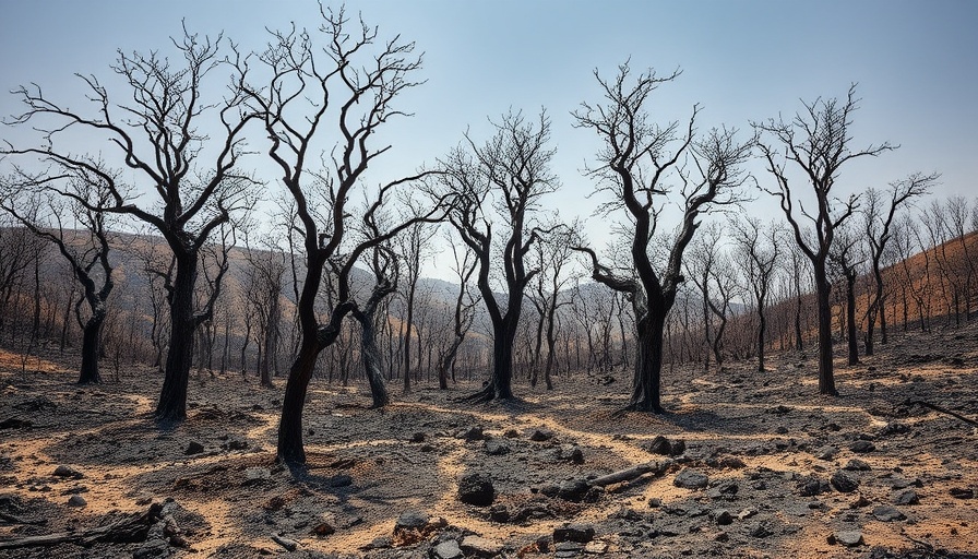 Burnt trees in a desolate landscape after a wildfire, climate journalism solutions.