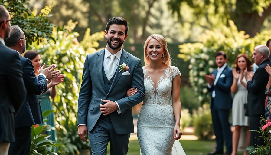 Joyful couple walking in garden setting.
