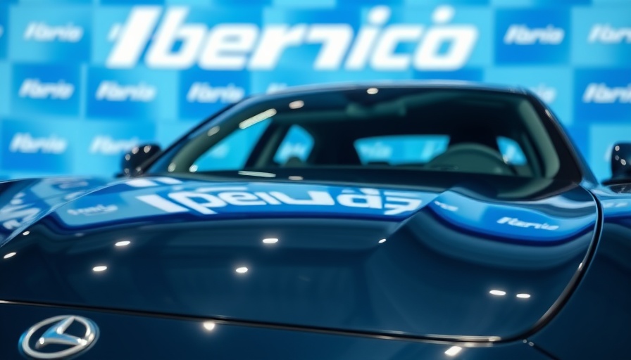 Reflective car surface with logo at Vinfast event backdrop.