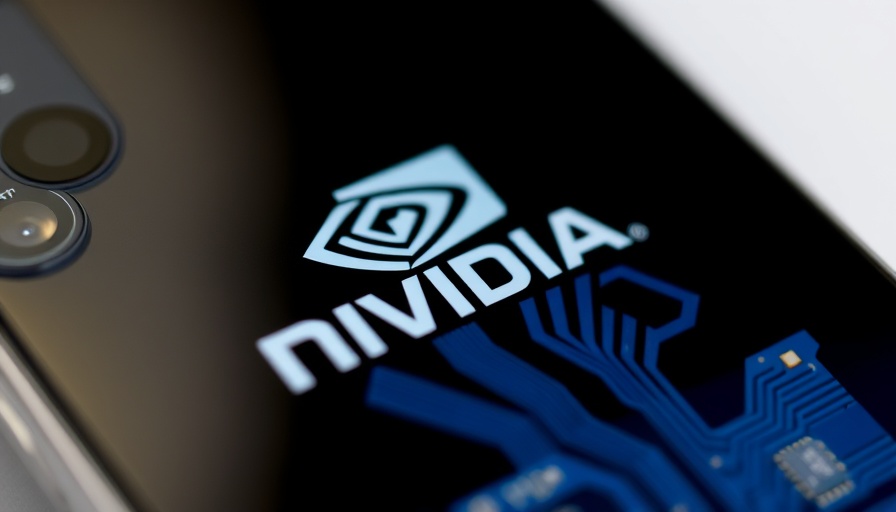 NVIDIA logo on smartphone with blue circuit board in the background.