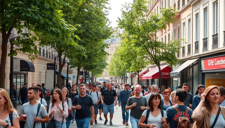 Tourists crowd a European city street, showcasing overtourism.