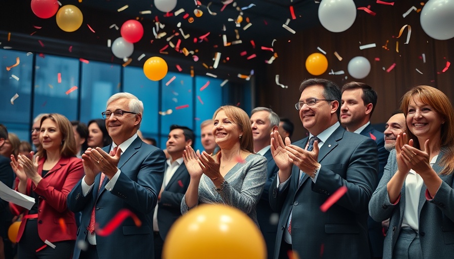 Business executives at South Korea cryptocurrency market event with confetti.