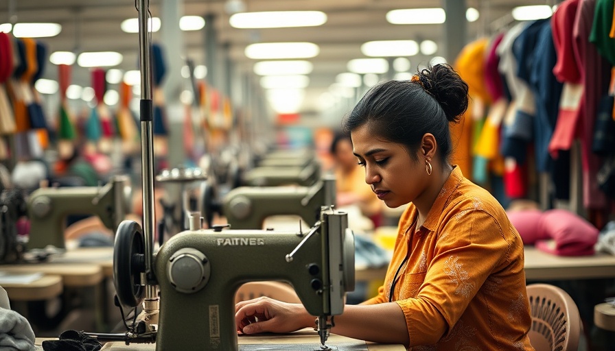 Impact of tariff wars on poorest nations: textile worker sewing in factory.
