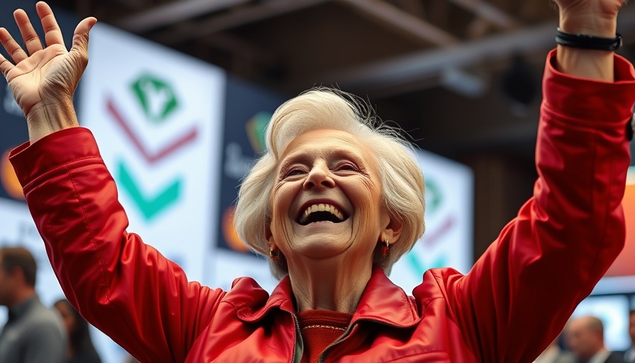 Elderly woman smiling triumphantly at an event, manifesting success.