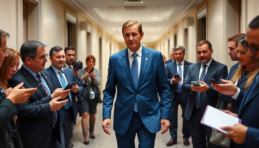 Middle-aged man surrounded by reporters discussing politics in a suit.