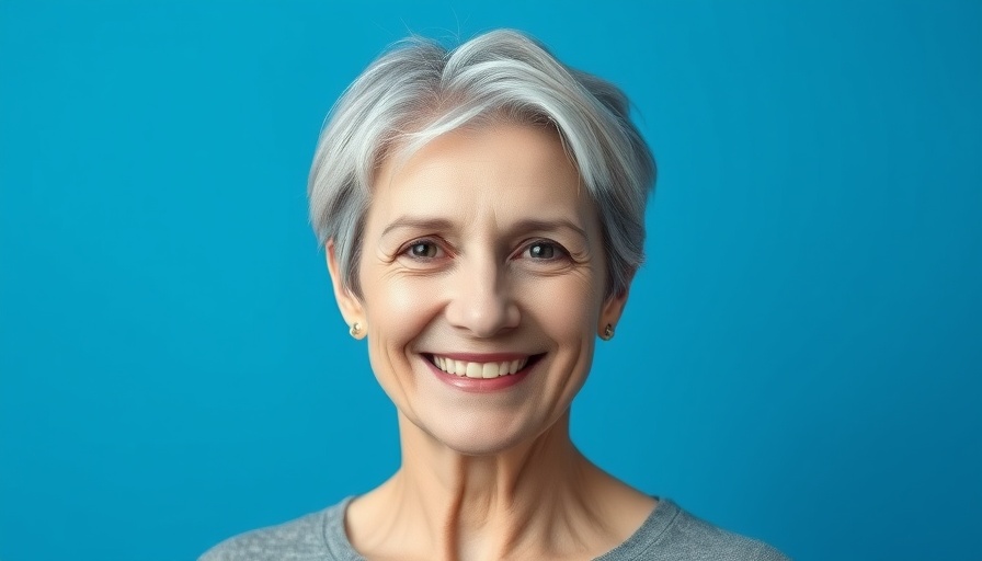 Smiling middle-aged woman on blue background, job hopping Gen Z career success