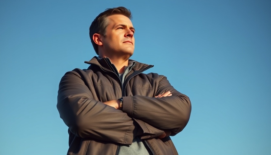 Confident man gazing into distance, clear sky background.