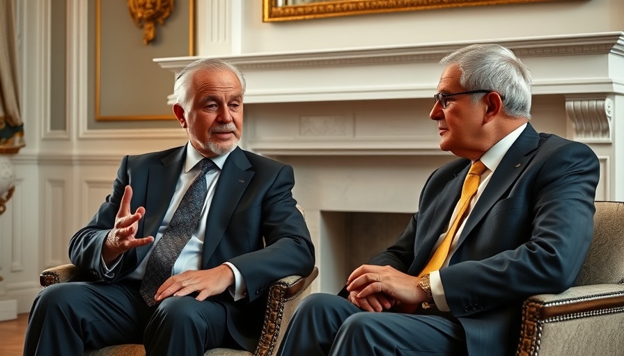 Two older men in formal suits discussing in elegant room.