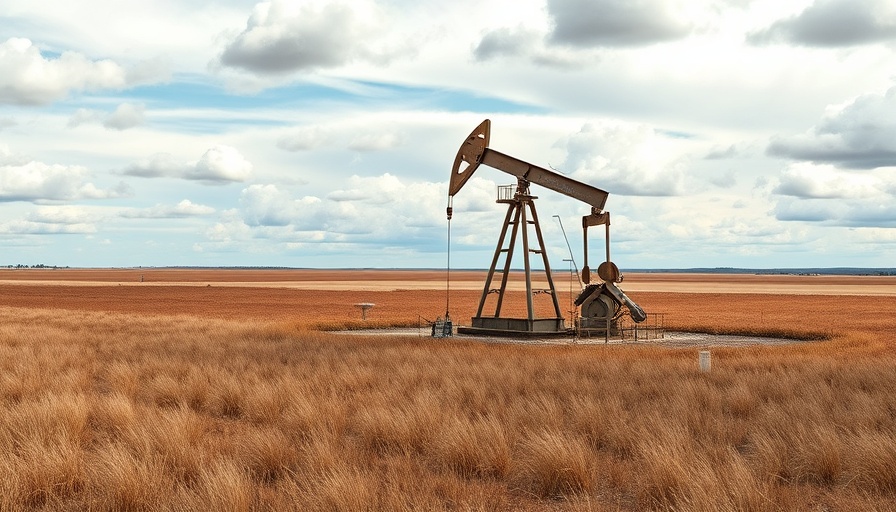 Oil pumpjack in a rural field under cloudy sky, DPC Dash stock analysis.