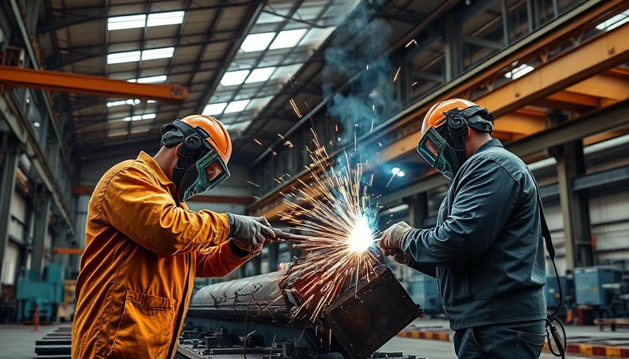 Workers welding metal structures in a factory amid China's manufacturing slowdown.