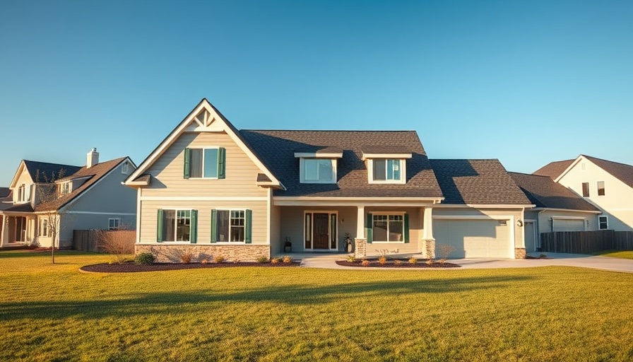 Modern suburban house with lawn and pink door, types of homes for sale.