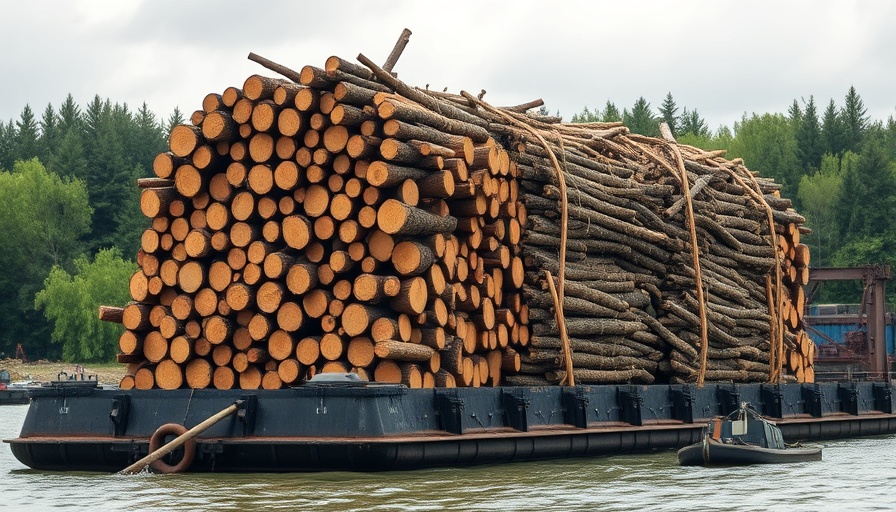 Large stack of logs on a barge, indicative of industrial activity, Indonesia nickel mining EV boom