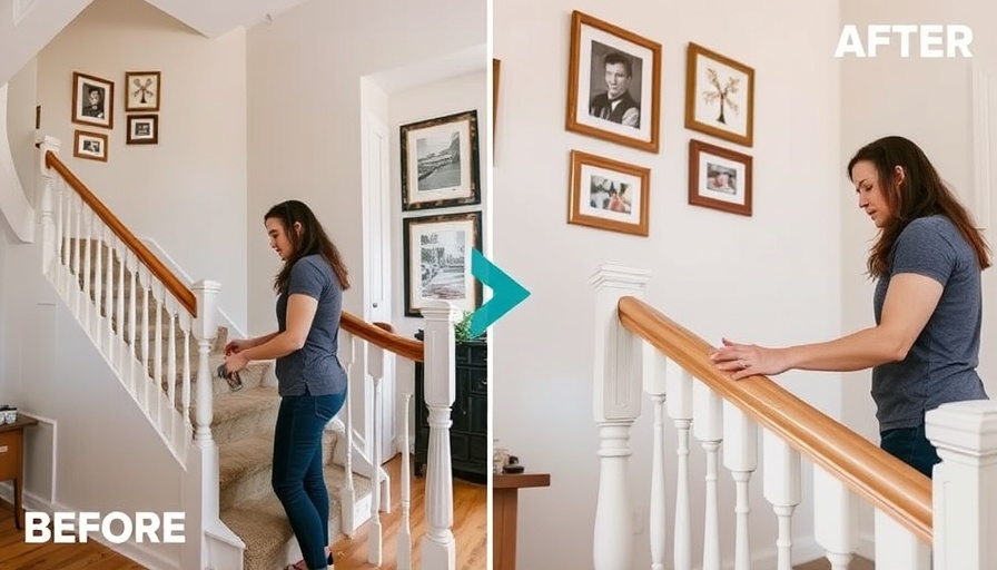 Before and after DIY staircase makeover transformation with woman sanding.