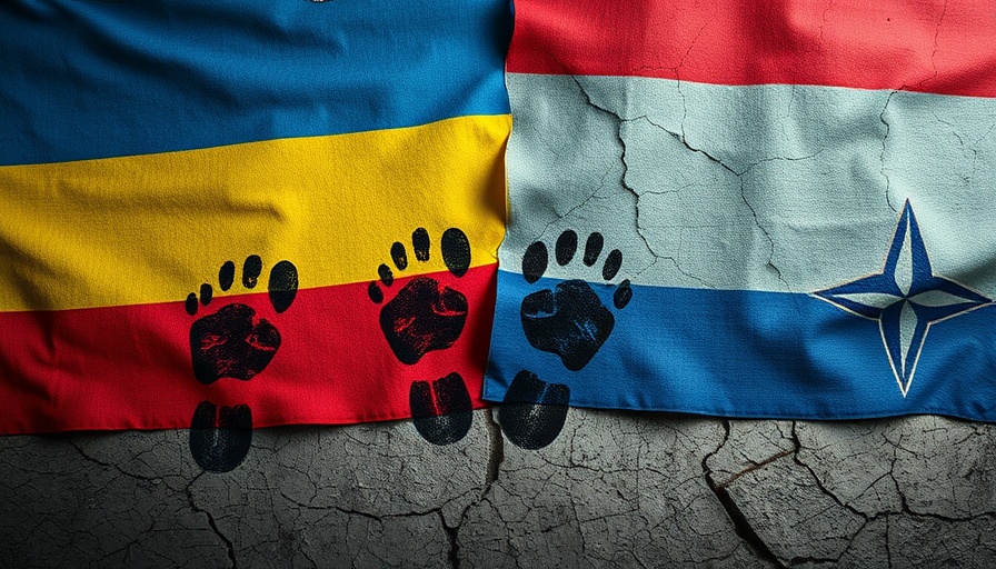 Ukraine NATO summit illustration, textured flags with footprints.