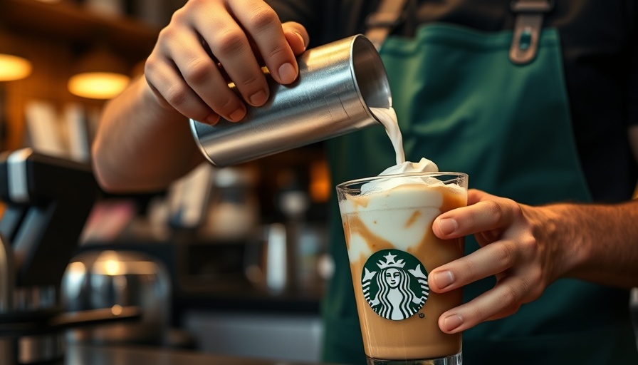 Barista preparing iced coffee at Starbucks counter.