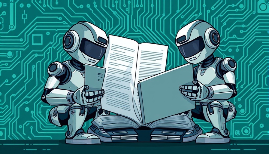 Robots reviewing documents in tech-themed setting, business startup funding concept.