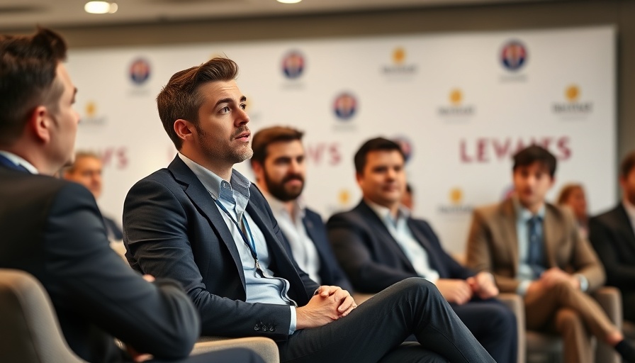 Confident professional discussing business startup funding at a conference.