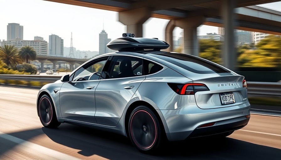 Tesla driverless Model Y on highway under bright sky.