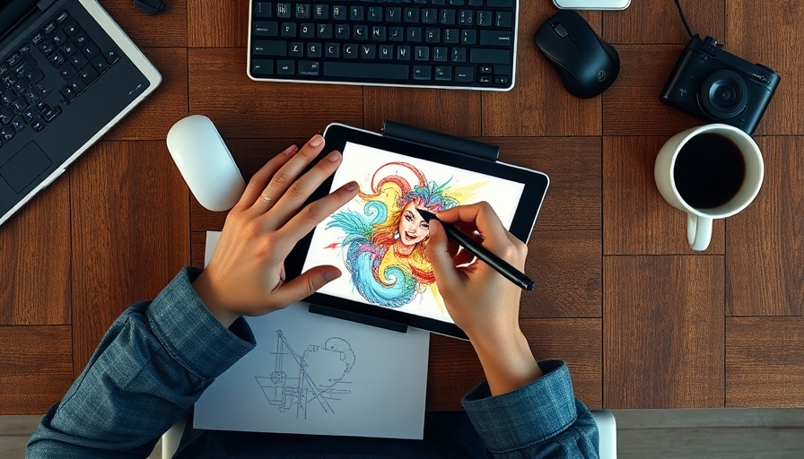Overhead view of iPad creativity apps usage on wooden desk.