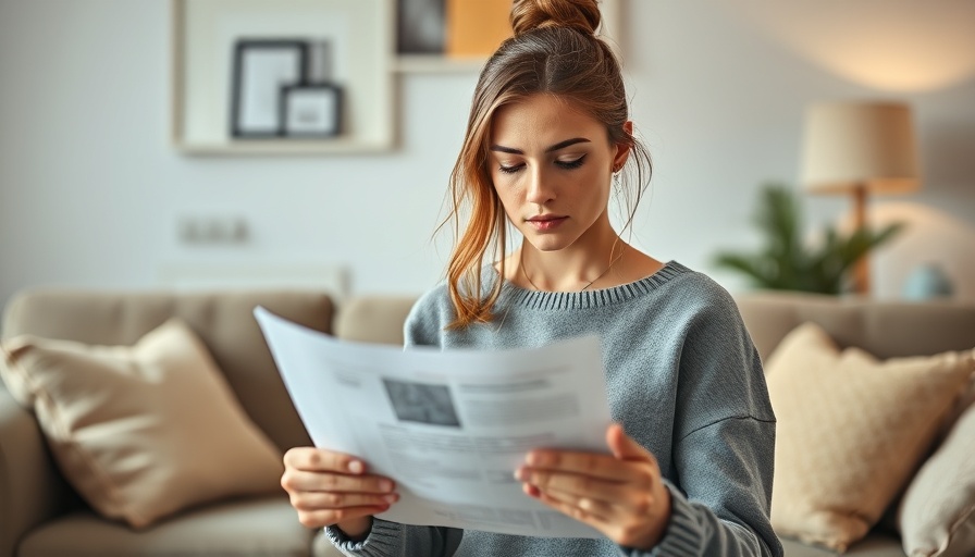 Contemplative woman with documents in cozy living room.