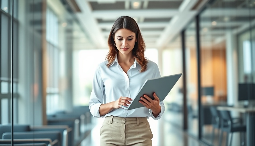 Confident woman holding laptop in modern office setting, soft daylight.