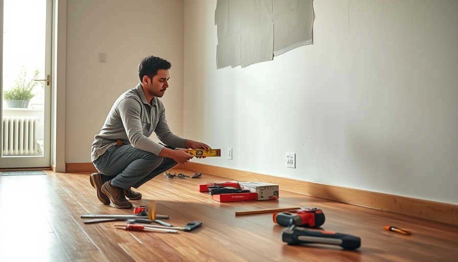 Technician measuring wall during house renovation, tools scattered on floor.