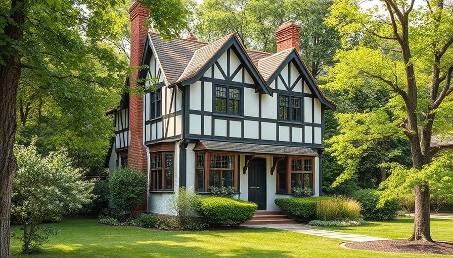Charming Tudor house surrounded by lush greenery, vibrant setting.