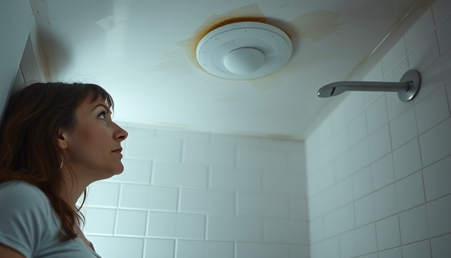 Woman inspecting ceiling water damage in tiled bathroom.