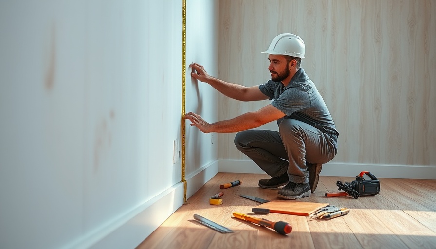 Worker measuring wall in interior, discussing unpermitted work.