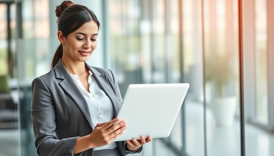 Confident woman in modern office holding laptop, reading.