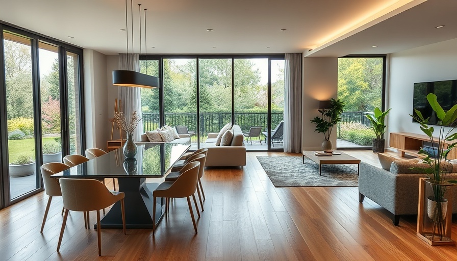 Modern living and dining area with sleek furniture and garden view.
