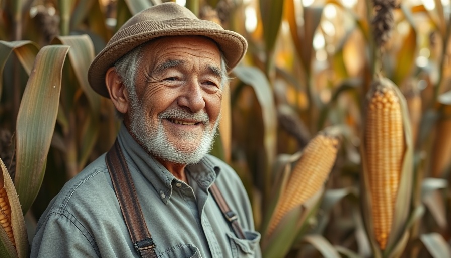 Kind farmer smiling near corn cobs in sustainable agriculture setting.