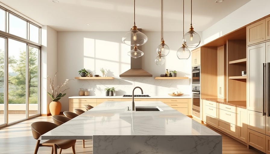 Modern kitchen 2025 with marble countertop and large windows.