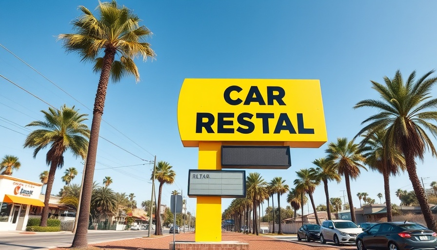 AI car rental inspection scanner concept with rental sign under clear sky.