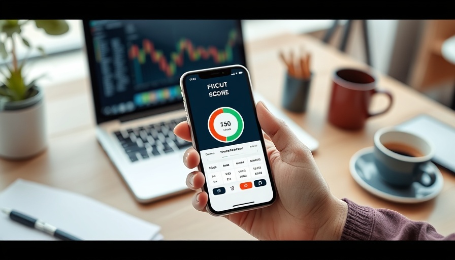 Phone displaying credit score app, FICO tracking visualization.