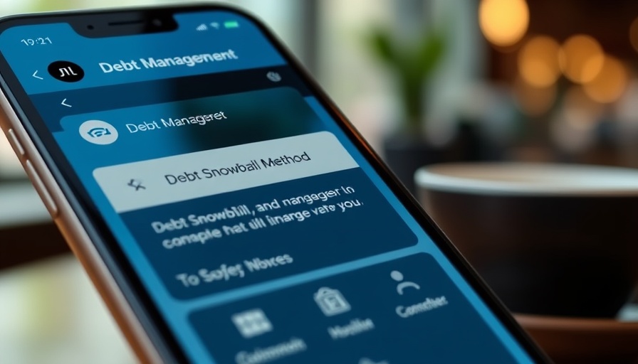 Smartphone displaying debt snowball method app interface in coffee shop.