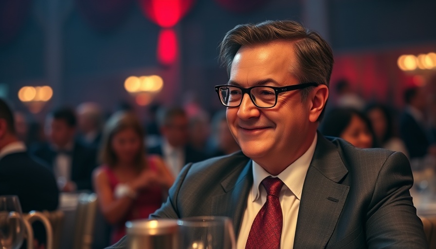 Distinguished man in suit at formal event with red lighting.