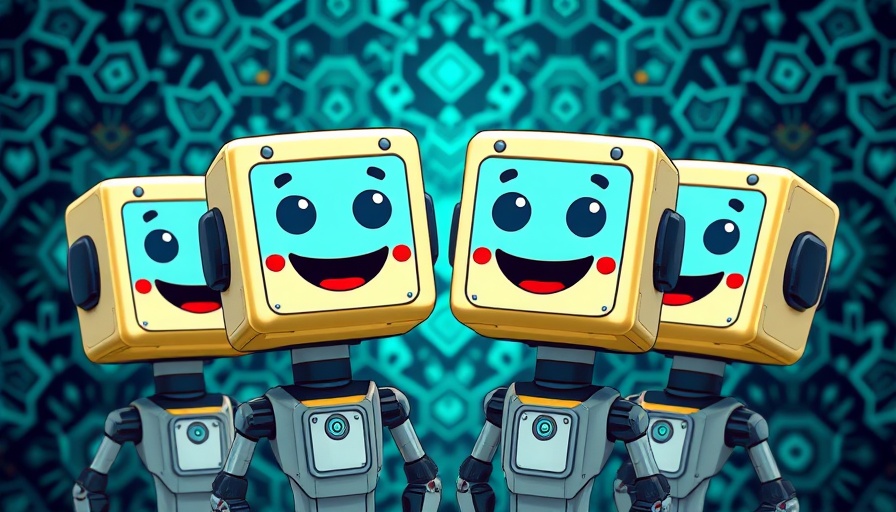 Cheerful chatbot icons discussing in a digital pattern.