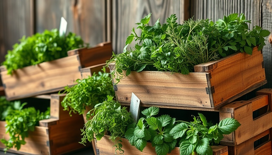 Rustic wine box herb garden with vibrant greenery.