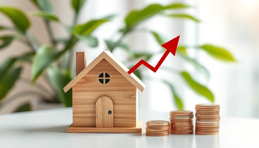 Miniature house with upward arrow and coins, symbolizing real estate appreciation.