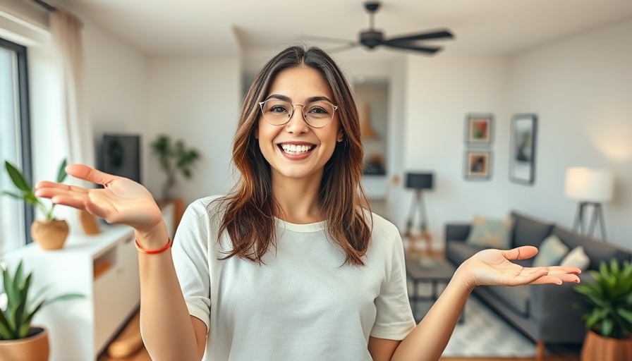 Cheerful woman showcasing a rental property, selling a rental property.